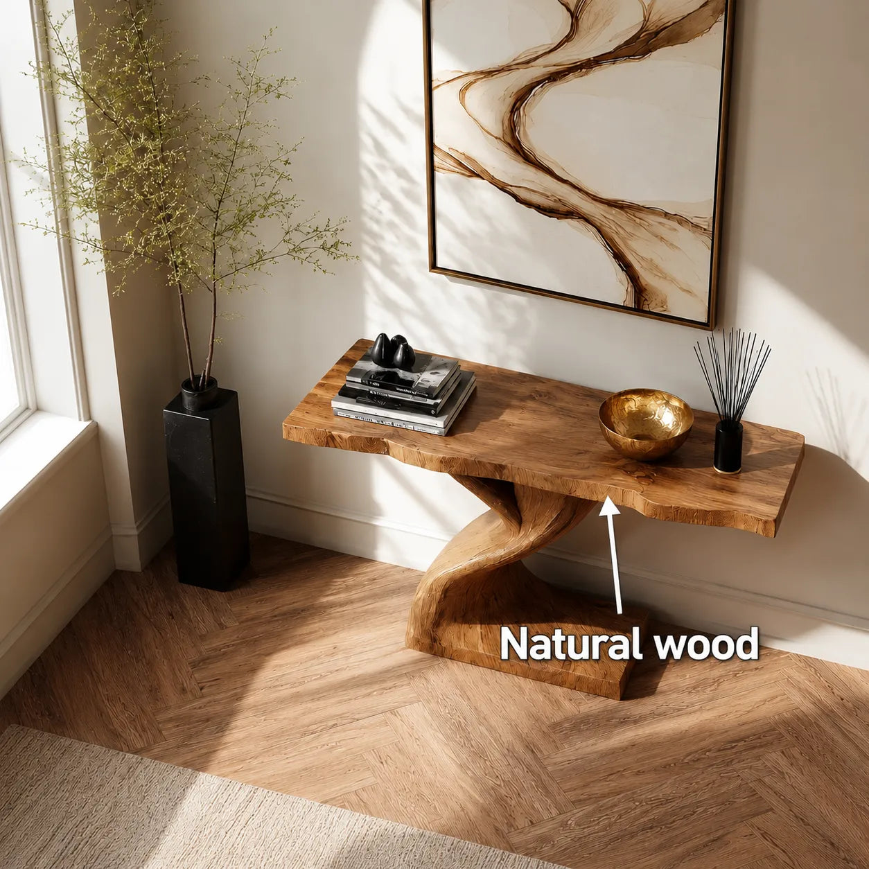 Live Edge Natural Solid Wood Console Table with Sculptural Base