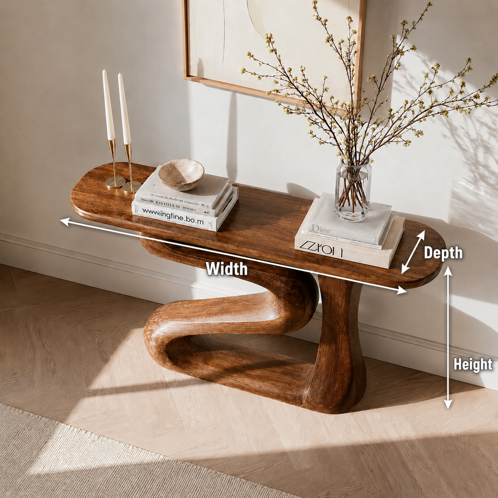 Sculptural Natural Solid Wood Console Table with Flowing Z Shape Base
