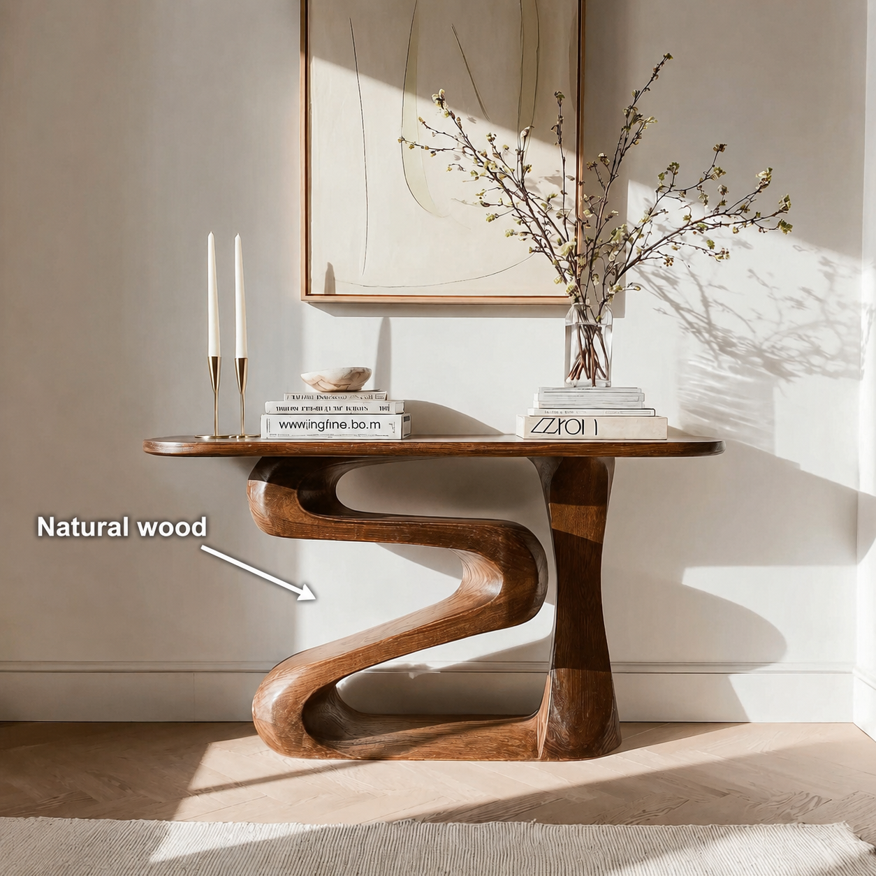 Sculptural Natural Solid Wood Console Table with Flowing Z Shape Base