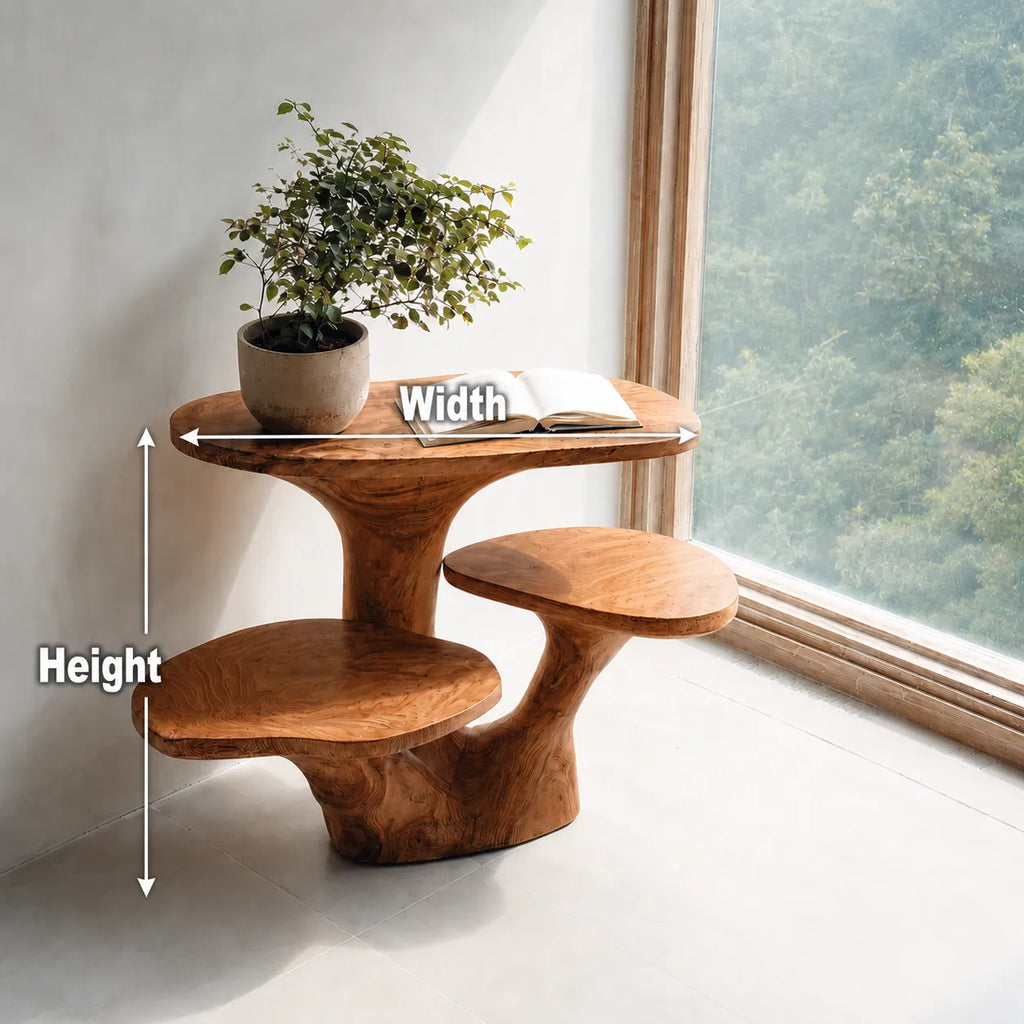 Tiered Natural Solid Wood Side Table with Sculptural Organic Base