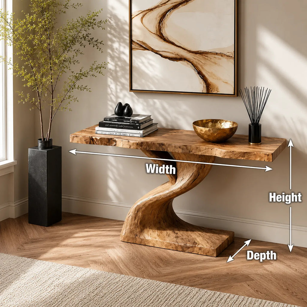 Live Edge Natural Solid Wood Console Table with Sculptural Base