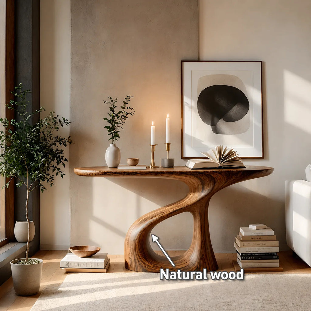 Sculptural Natural Solid Wood Console Table with Flowing Open Base
