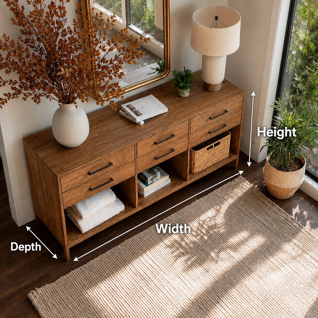 Natural Solid Wood Console Cabinet with Drawers and Open Storage Shelves