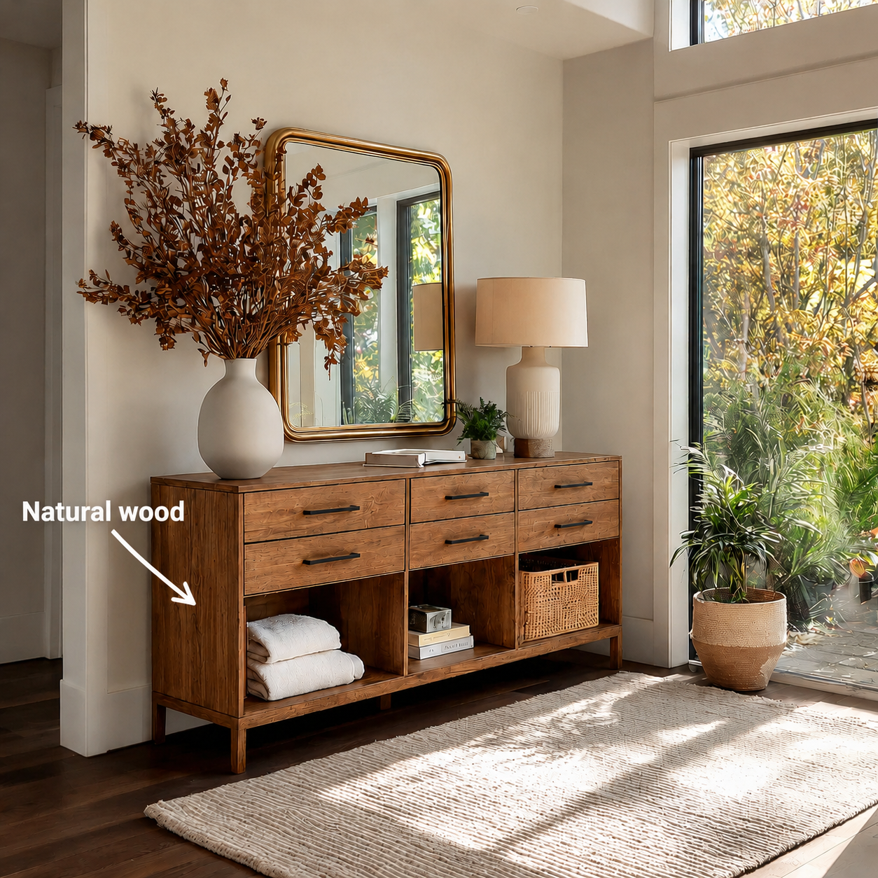 Natural Solid Wood Console Cabinet with Drawers and Open Storage Shelves