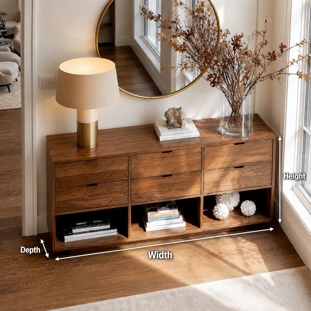 Natural Solid Wood Console Cabinet with Drawers and Open Display Shelves