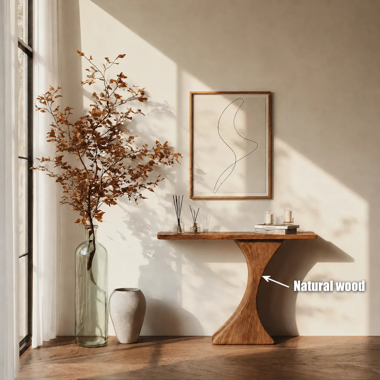 Natural Solid Wood Sculptural Console Table for Entryway and Hallway