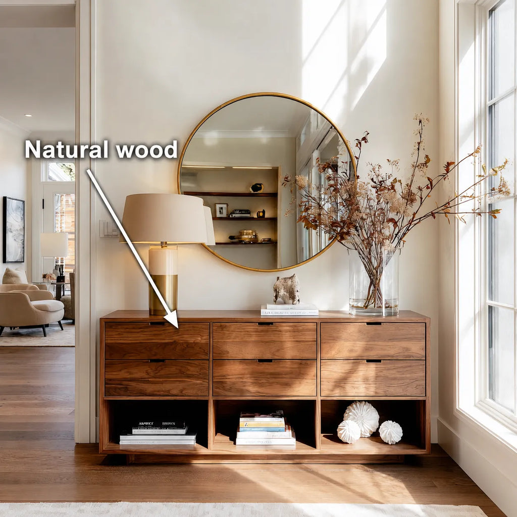 Natural Solid Wood Console Cabinet with Drawers and Open Display Shelves
