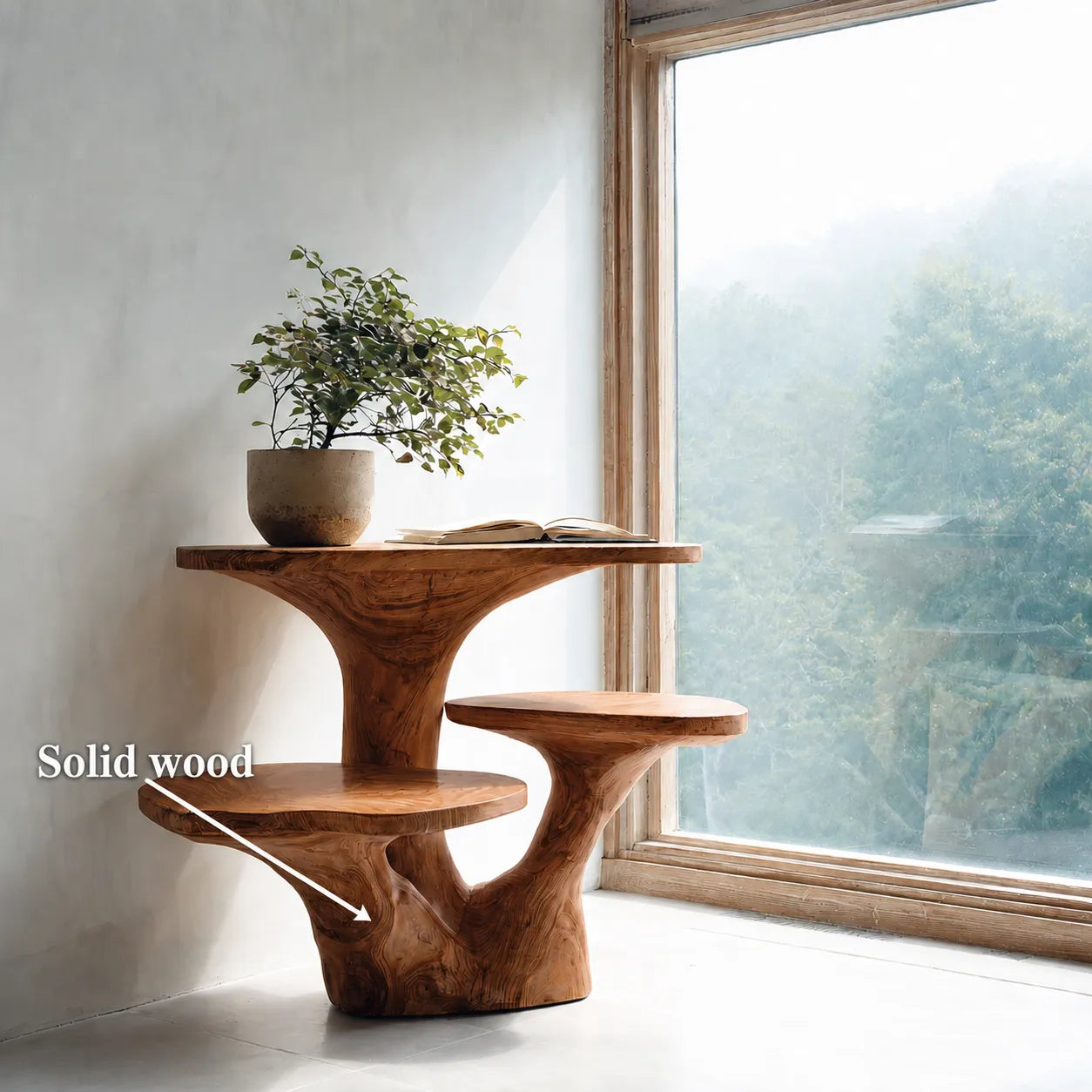 Tiered Natural Solid Wood Side Table with Sculptural Organic Base