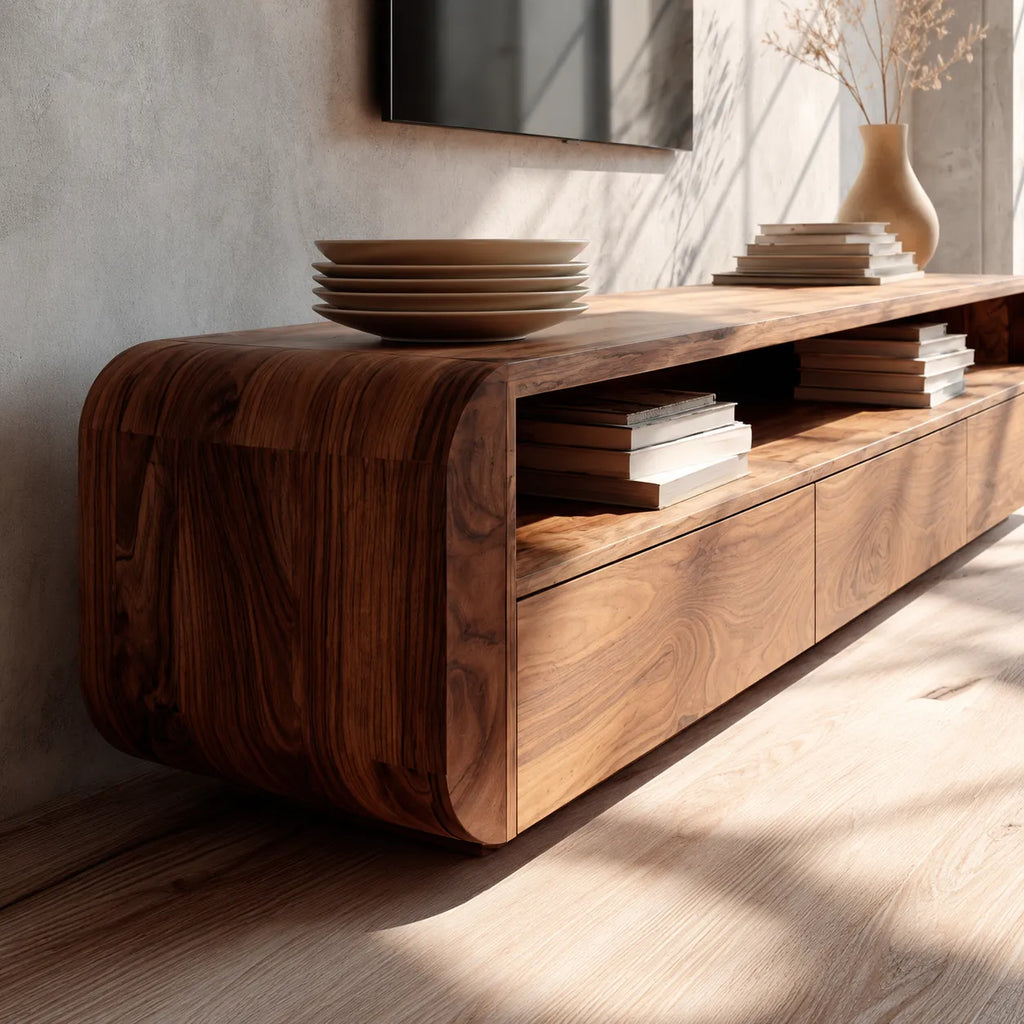 Rounded Natural Solid Wood TV Stand with Open Shelf and Drawer Storage
