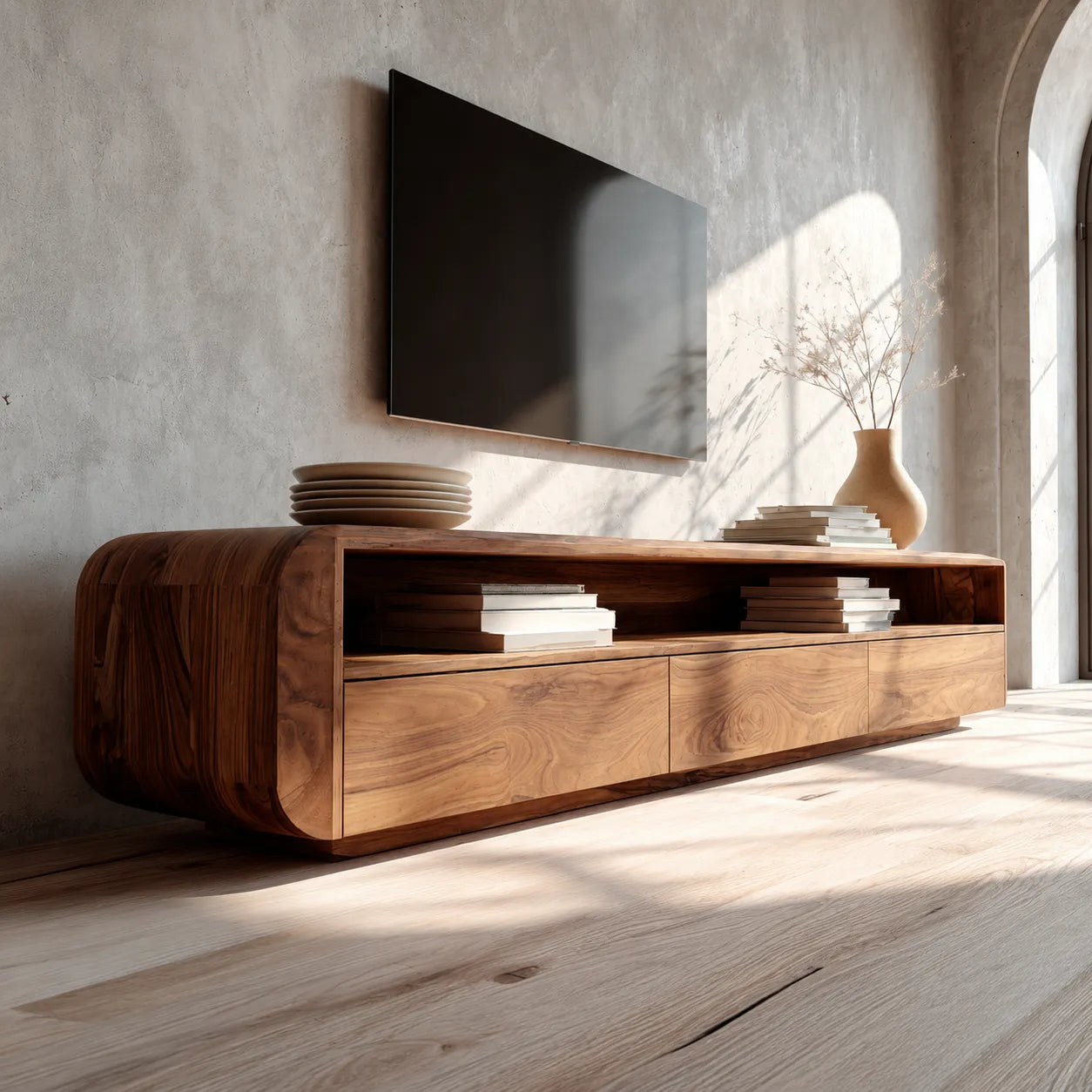 Rounded Natural Solid Wood TV Stand with Open Shelf and Drawer Storage