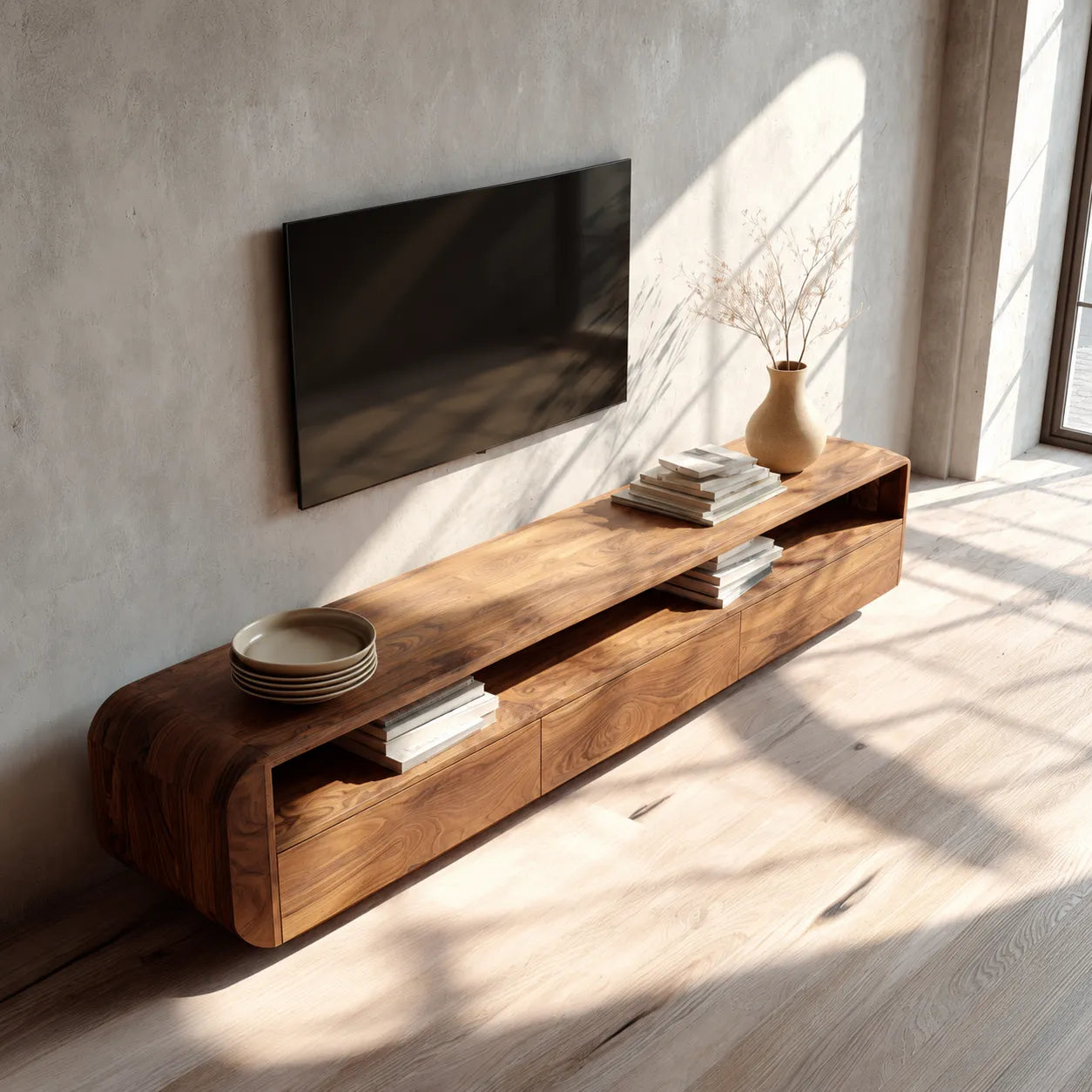Rounded Natural Solid Wood TV Stand with Open Shelf and Drawer Storage