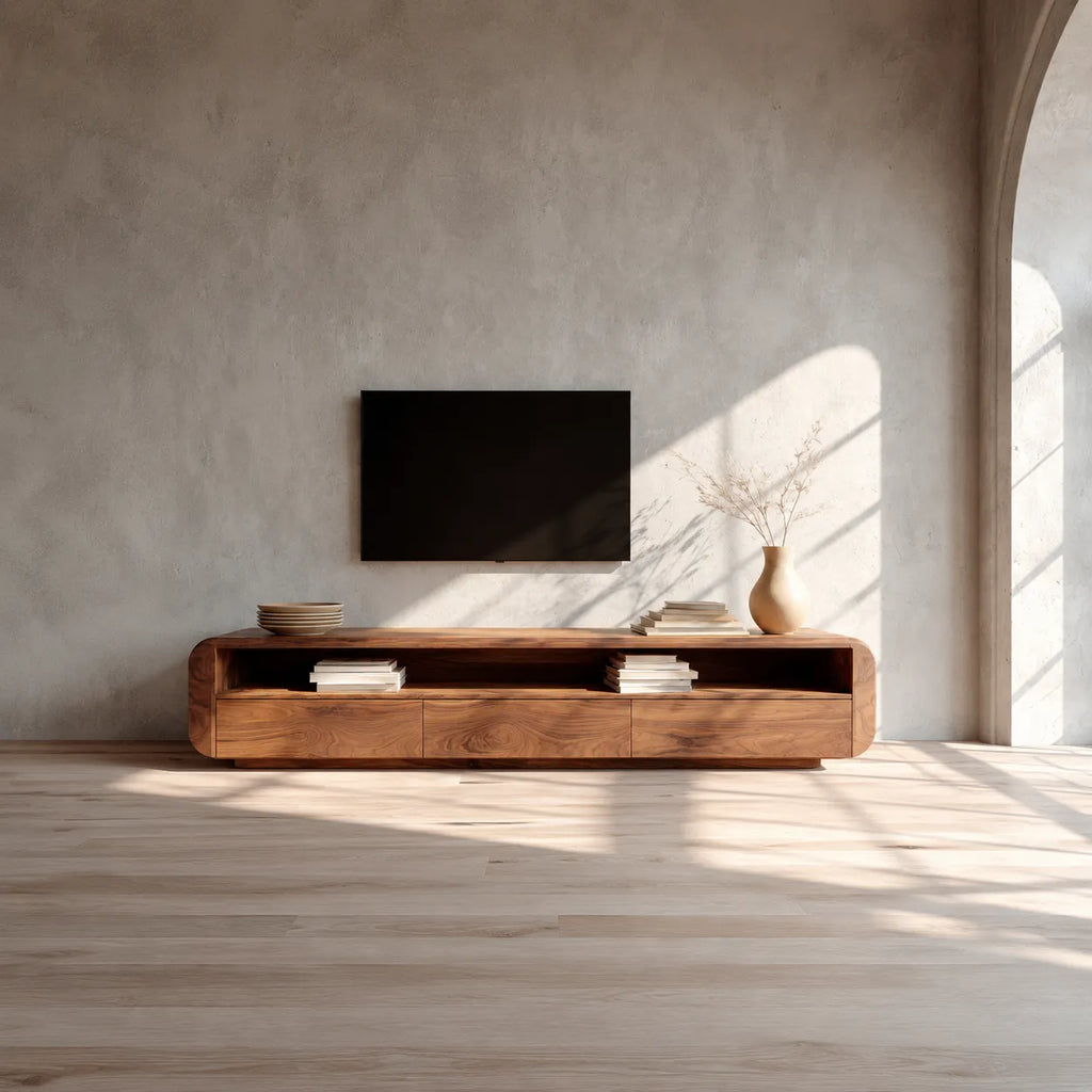 Rounded Natural Solid Wood TV Stand with Open Shelf and Drawer Storage