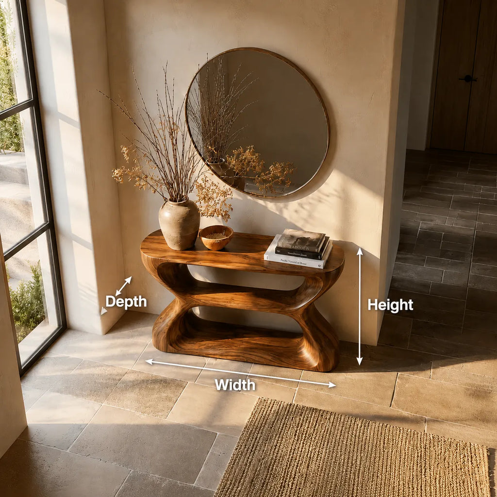 Sculptural Natural Solid Wood Console Table with Open Geometric Base