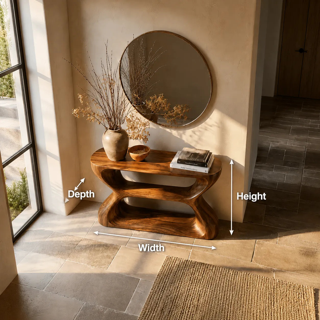Sculptural Natural Solid Wood Console Table with Open Geometric Base