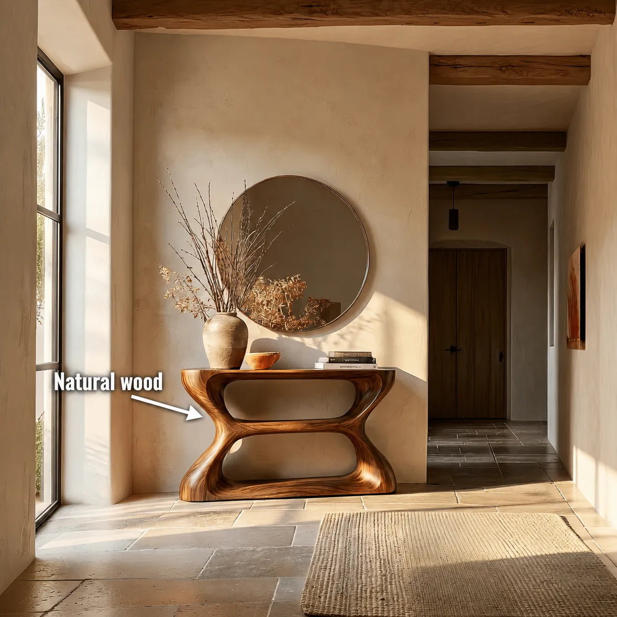 Sculptural Natural Solid Wood Console Table with Open Geometric Base