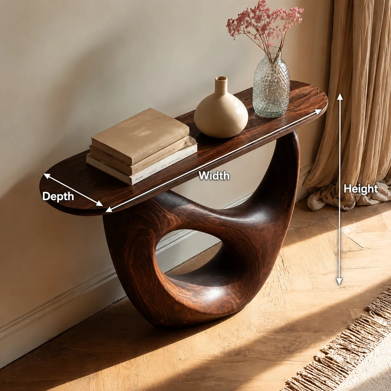 Organic Sculptural Natural Solid Wood Console Table with Open Base