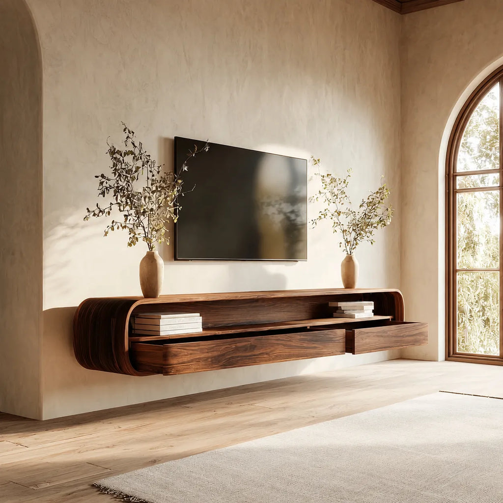 Floating Natural Solid Wood TV Stand with Curved Open Shelf Storage