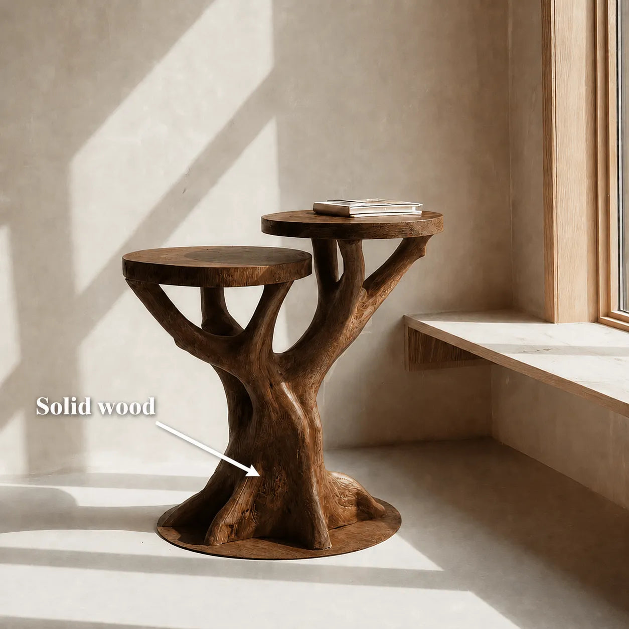 Tiered Natural Solid Wood Side Table with Sculptural Tree Base