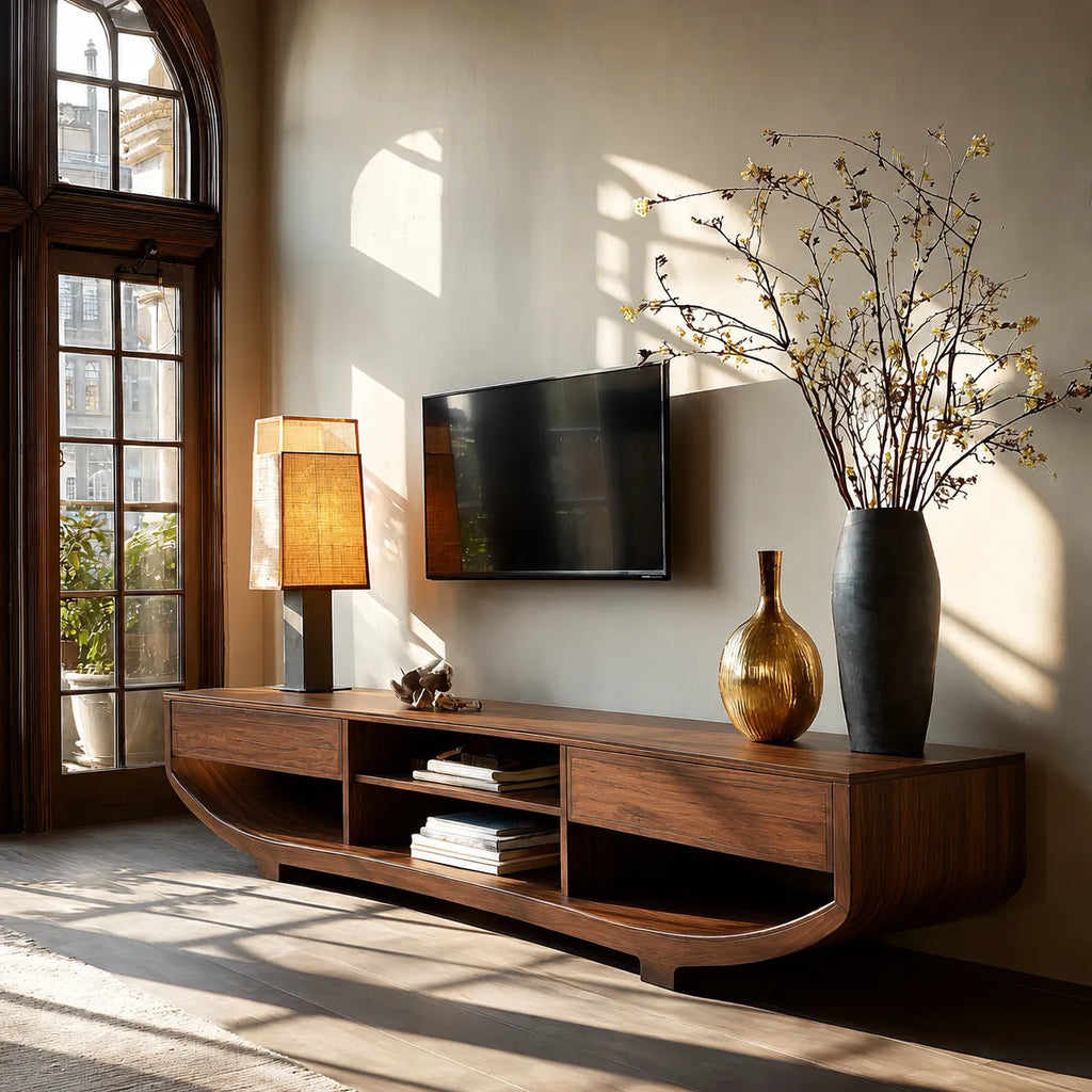 Curved Natural Solid Wood TV Stand with Open Shelves and Dual Drawers
