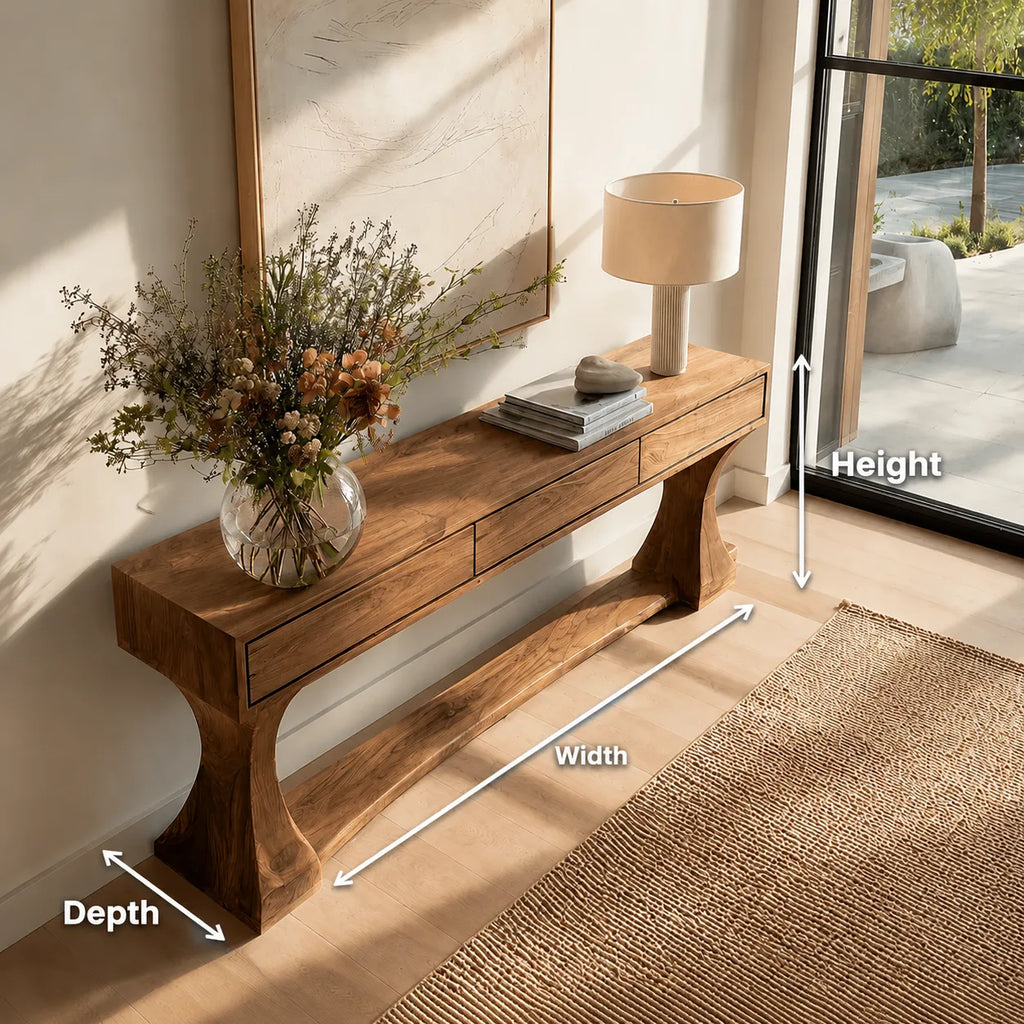 Natural Solid Wood Console Table with Drawers and Sculptural Base