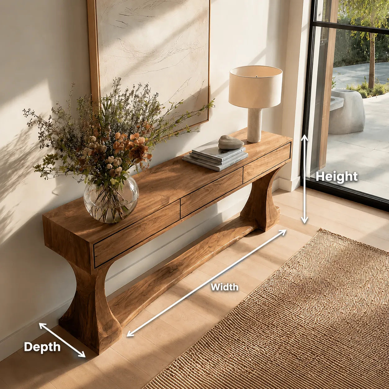Natural Solid Wood Console Table with Drawers and Sculptural Base