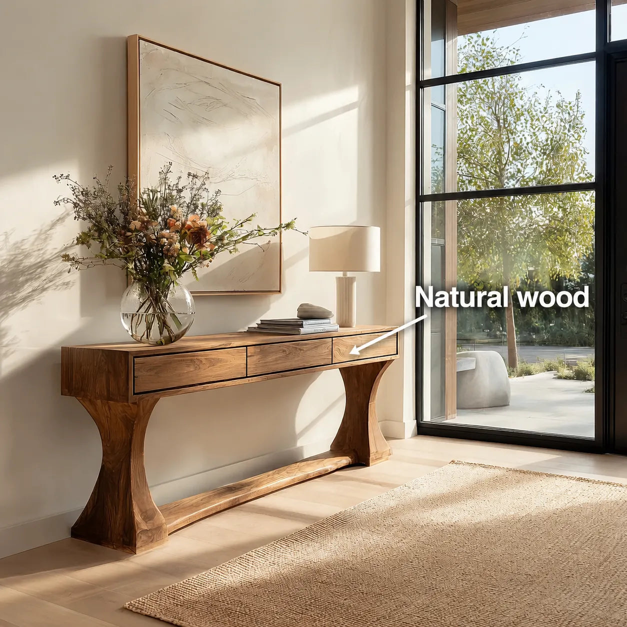 Natural Solid Wood Console Table with Drawers and Sculptural Base
