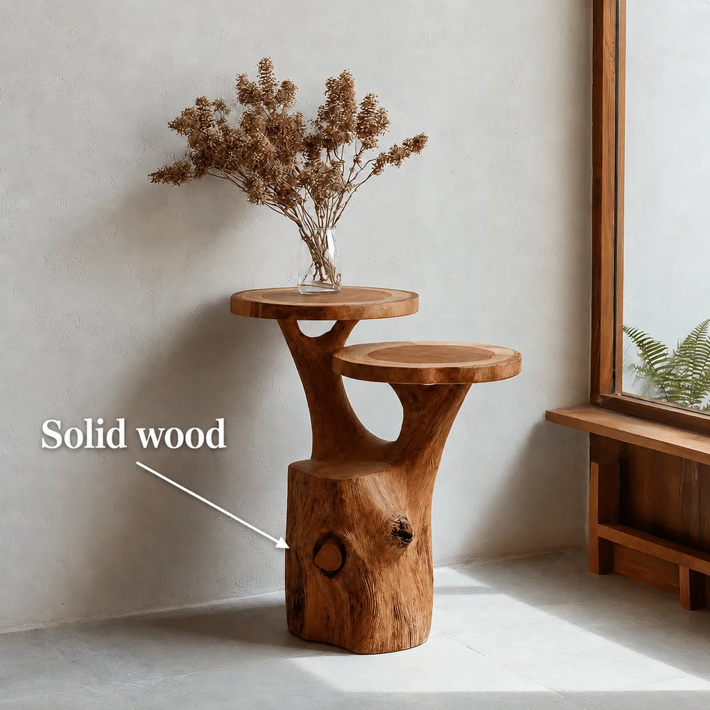 Tiered Natural Solid Wood Side Table with Organic Tree Trunk Base