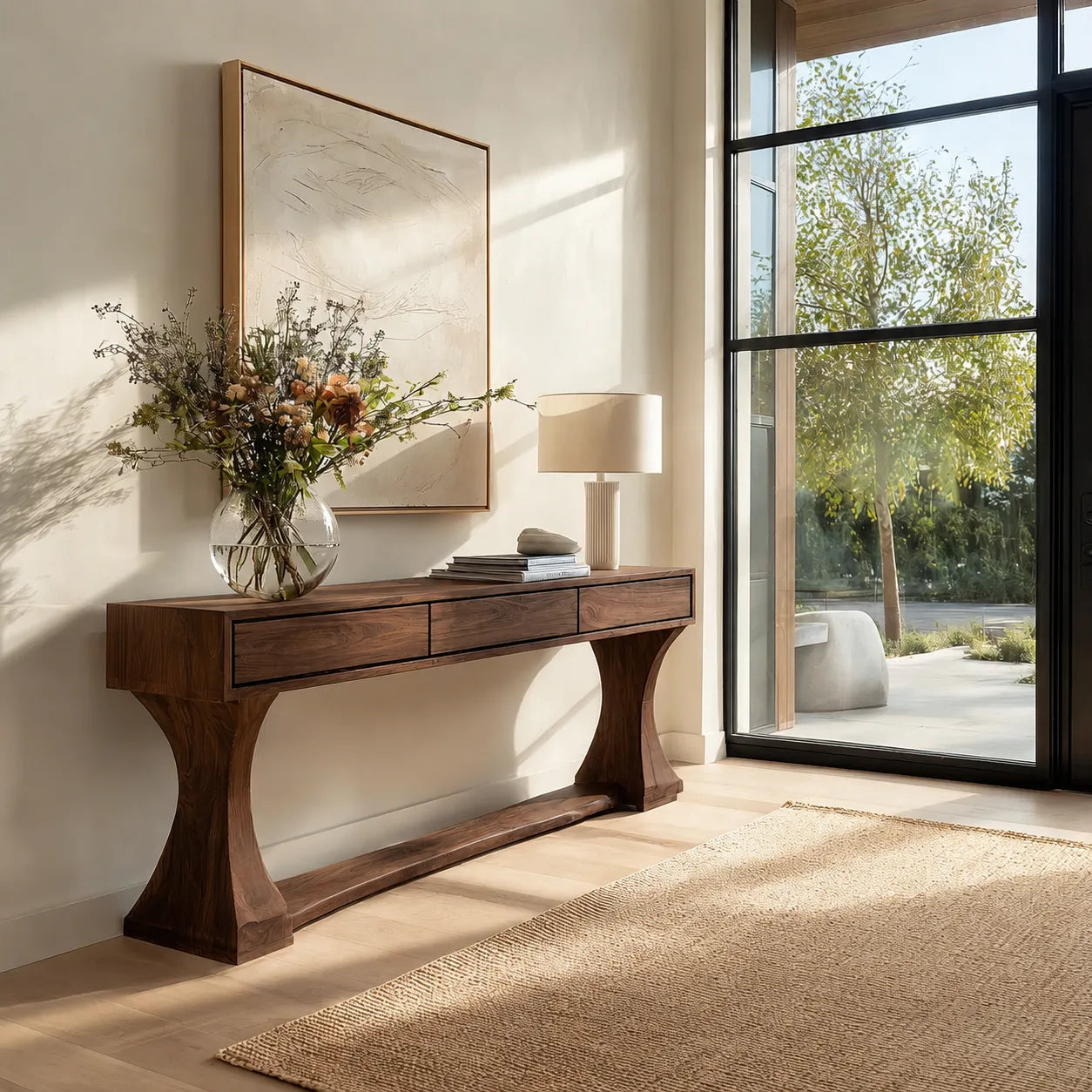Natural Solid Wood Console Table with Drawers and Sculptural Base