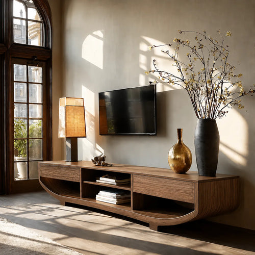 Curved Natural Solid Wood TV Stand with Open Shelves and Dual Drawers