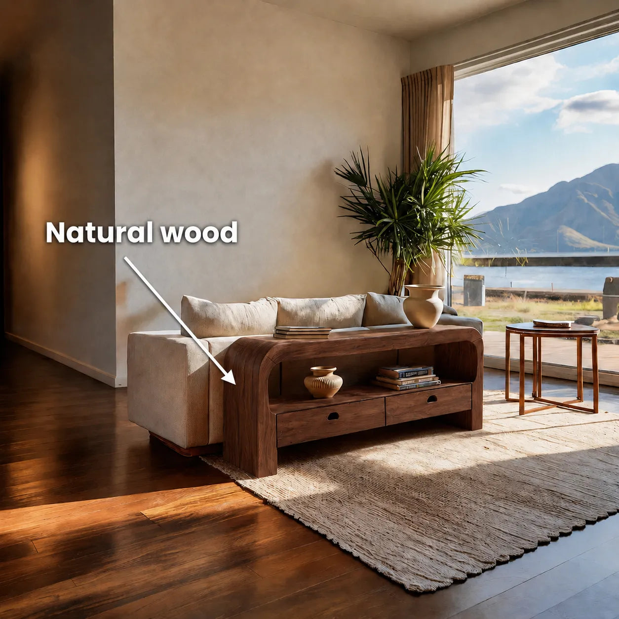 Natural Solid Wood Waterfall Sofa Console Table with Storage Drawers