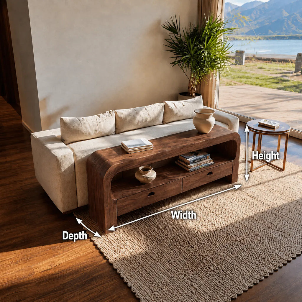 Natural Solid Wood Waterfall Sofa Console Table with Storage Drawers