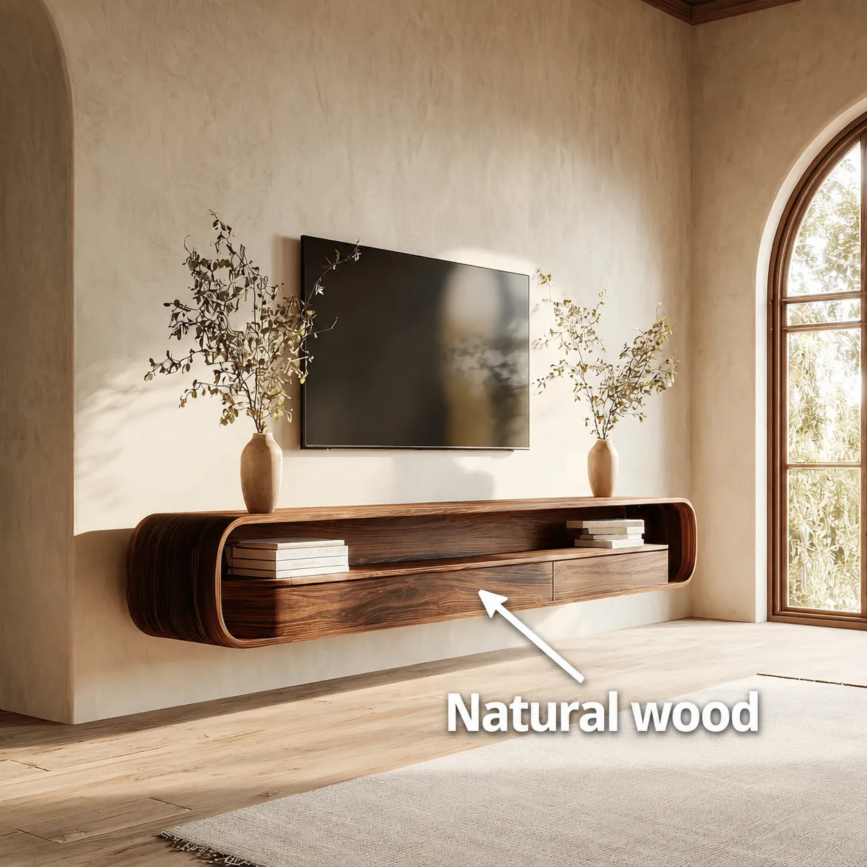Floating Natural Solid Wood TV Stand with Curved Open Shelf Storage