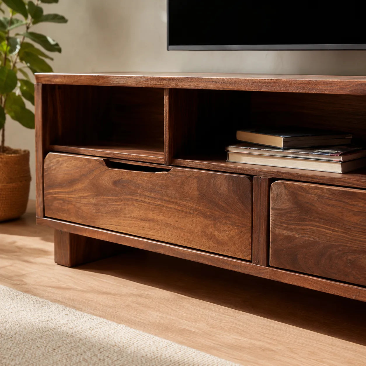 Natural Solid Wood TV Stand with Open Shelves and Dual Drawer Storage