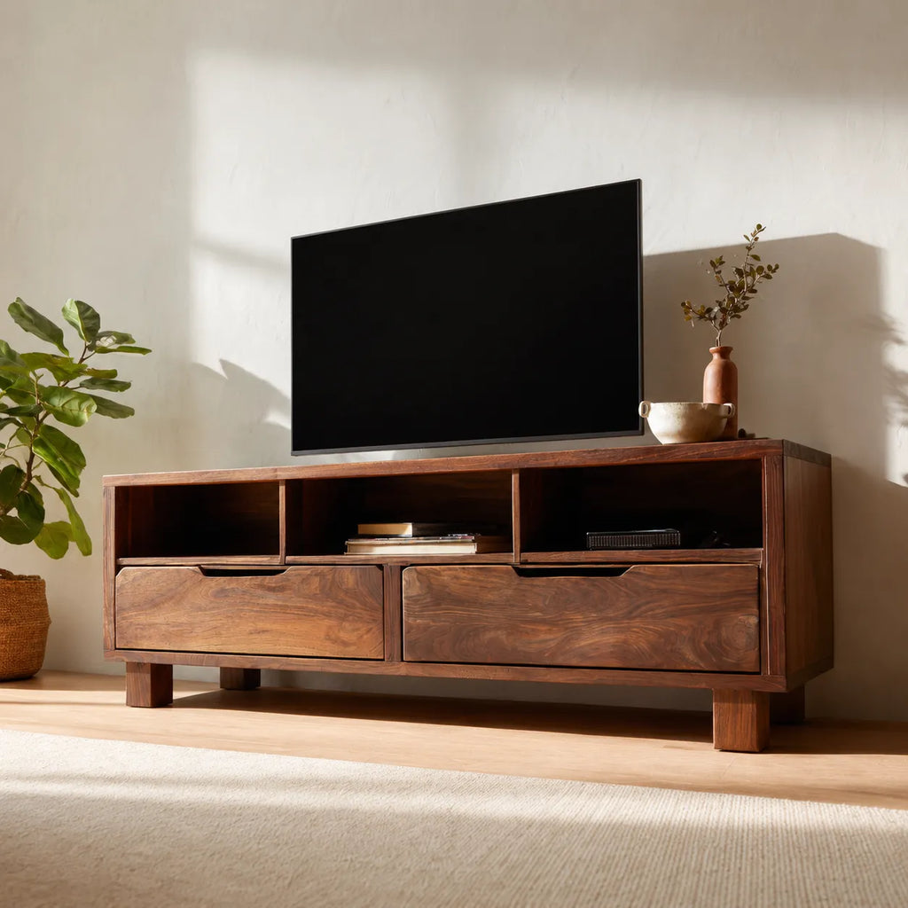 Natural Solid Wood TV Stand with Open Shelves and Dual Drawer Storage