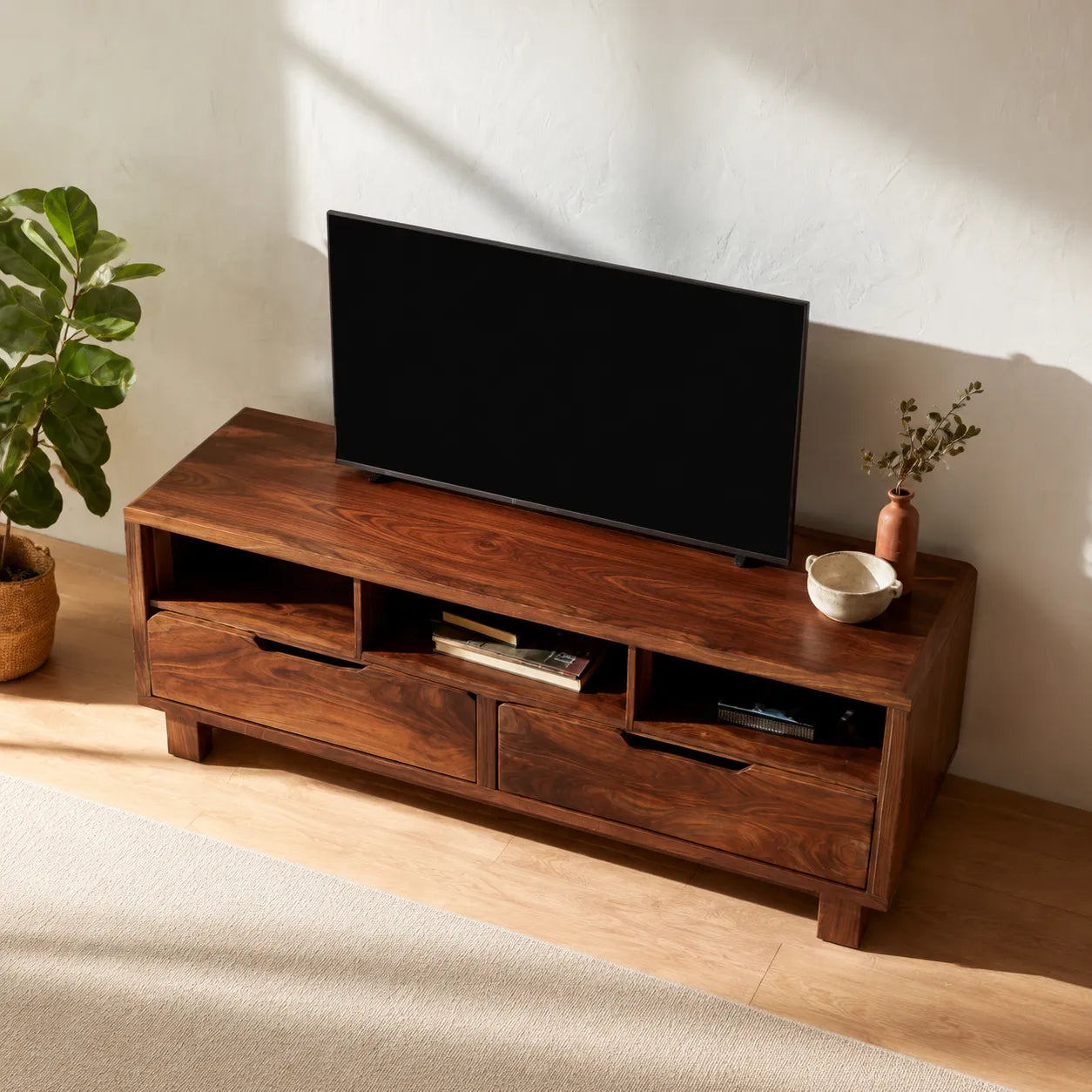 Natural Solid Wood TV Stand with Open Shelves and Dual Drawer Storage
