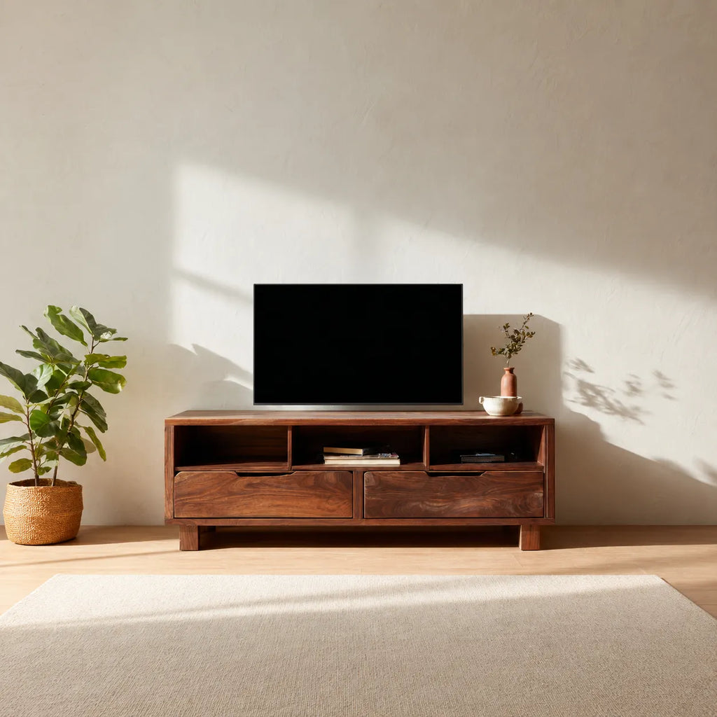 Natural Solid Wood TV Stand with Open Shelves and Dual Drawer Storage