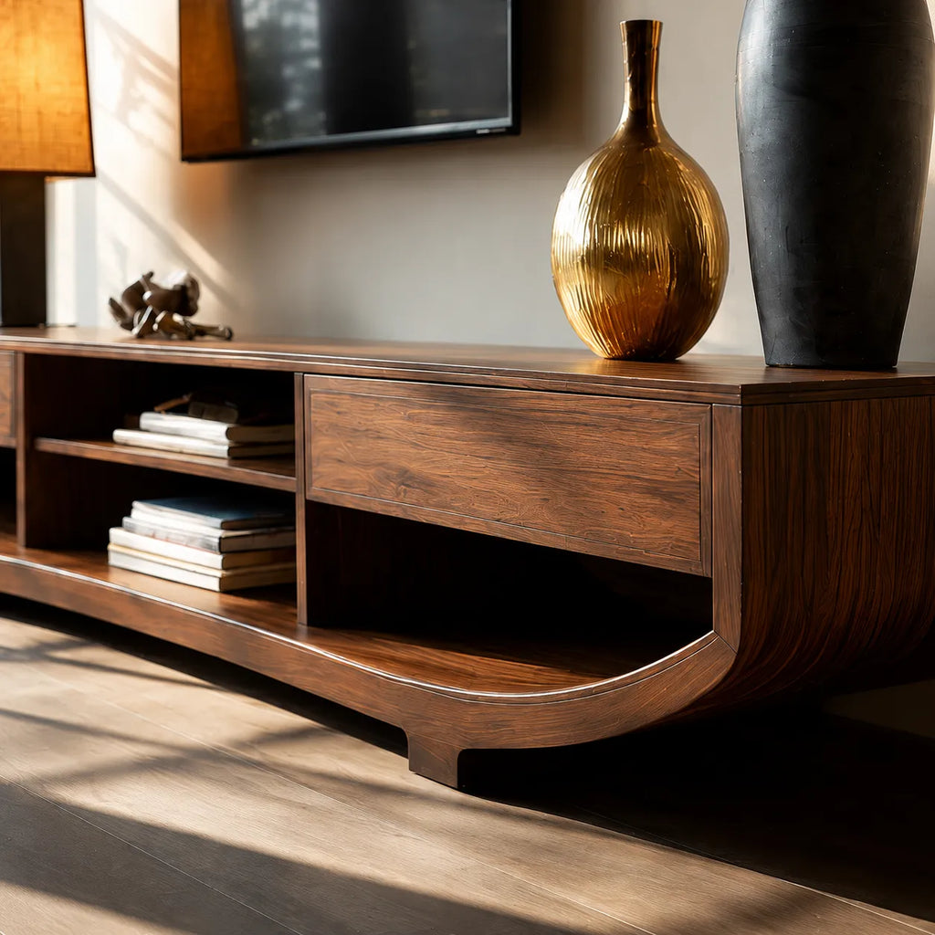 Curved Natural Solid Wood TV Stand with Open Shelves and Dual Drawers
