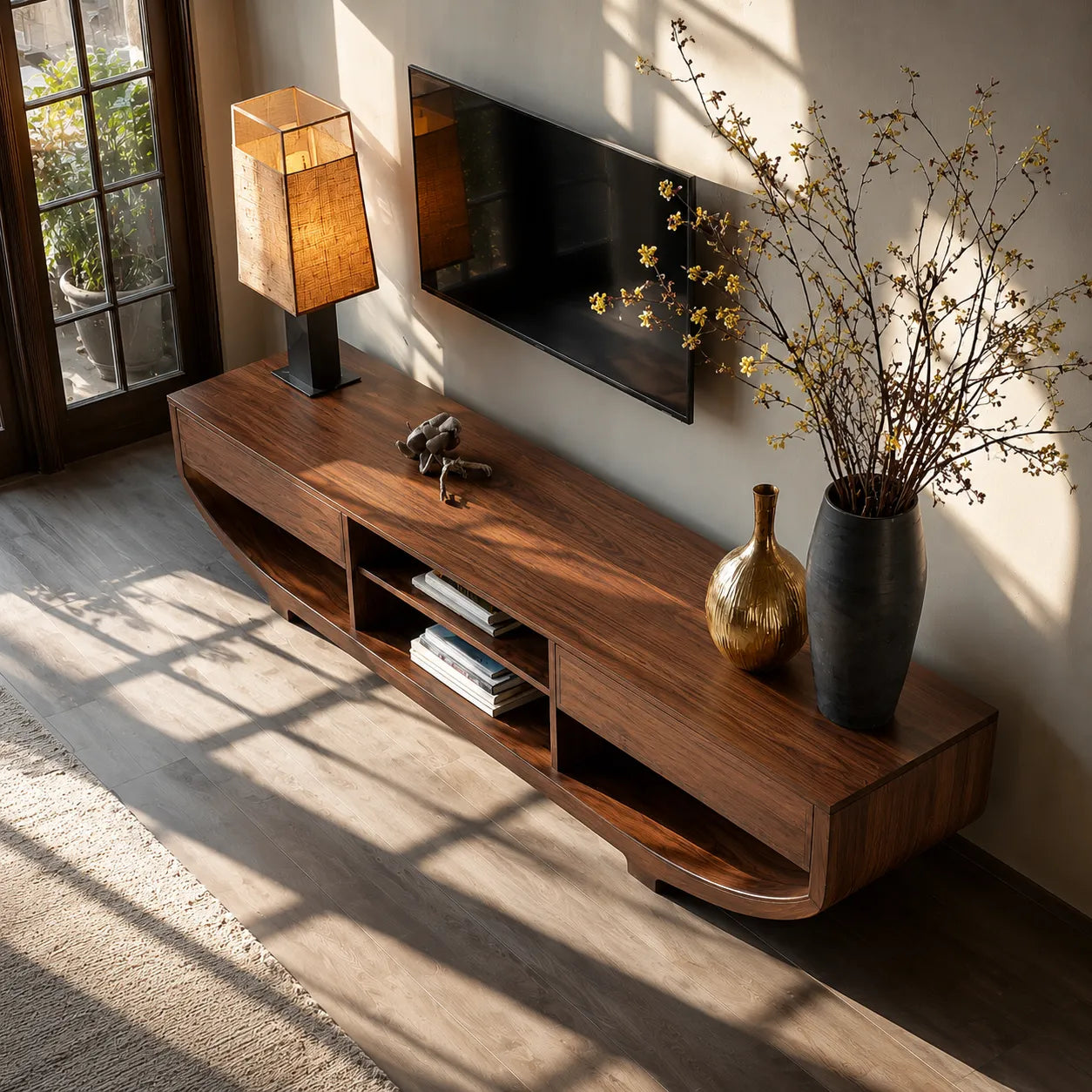 Curved Natural Solid Wood TV Stand with Open Shelves and Dual Drawers