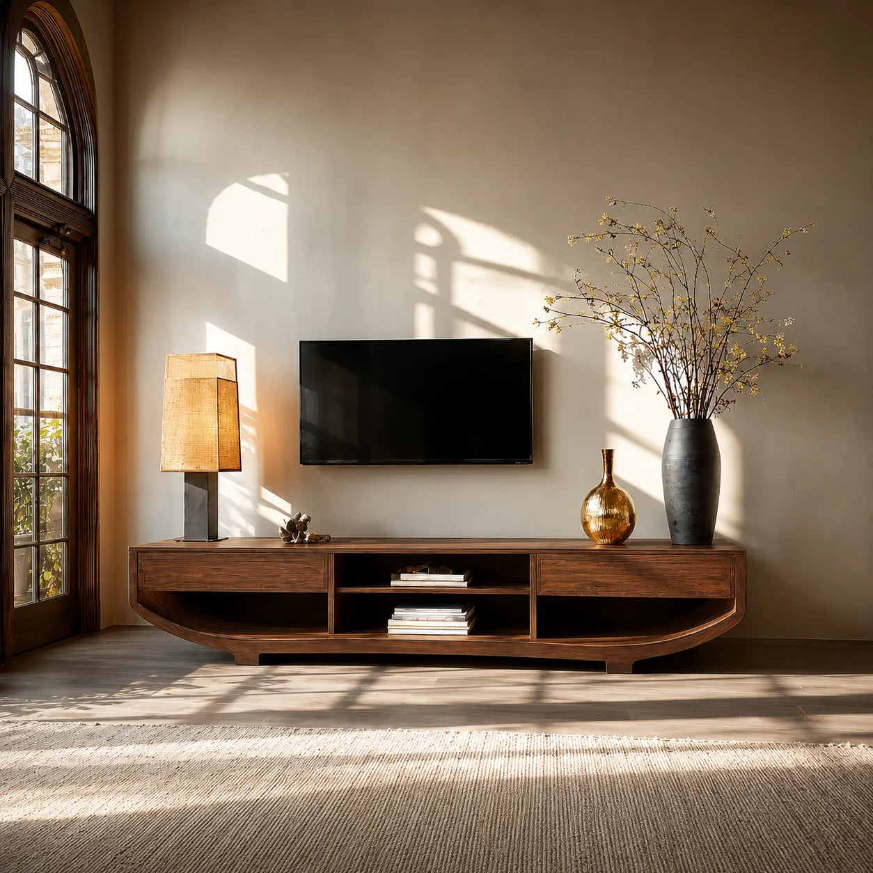 Curved Natural Solid Wood TV Stand with Open Shelves and Dual Drawers