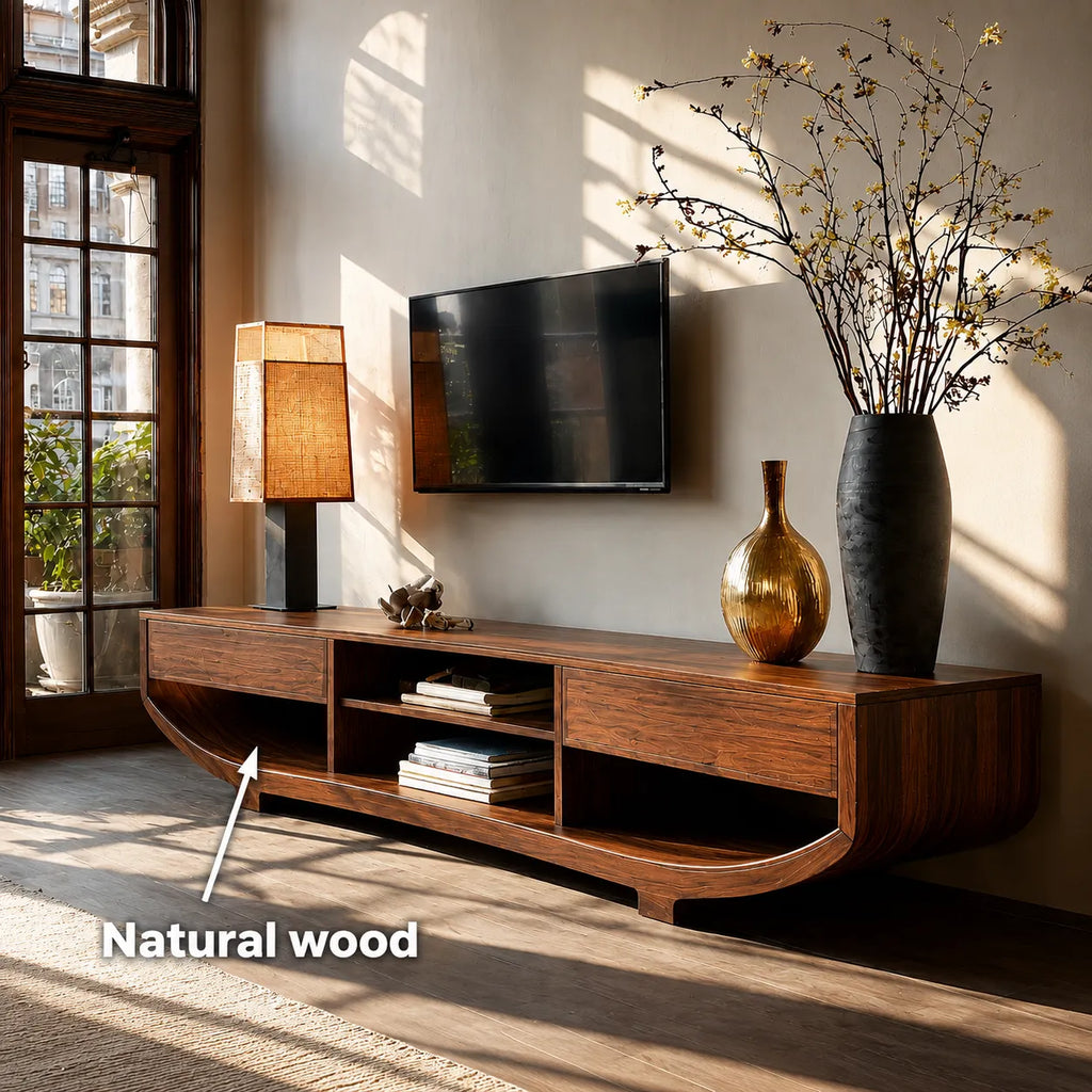 Curved Natural Solid Wood TV Stand with Open Shelves and Dual Drawers