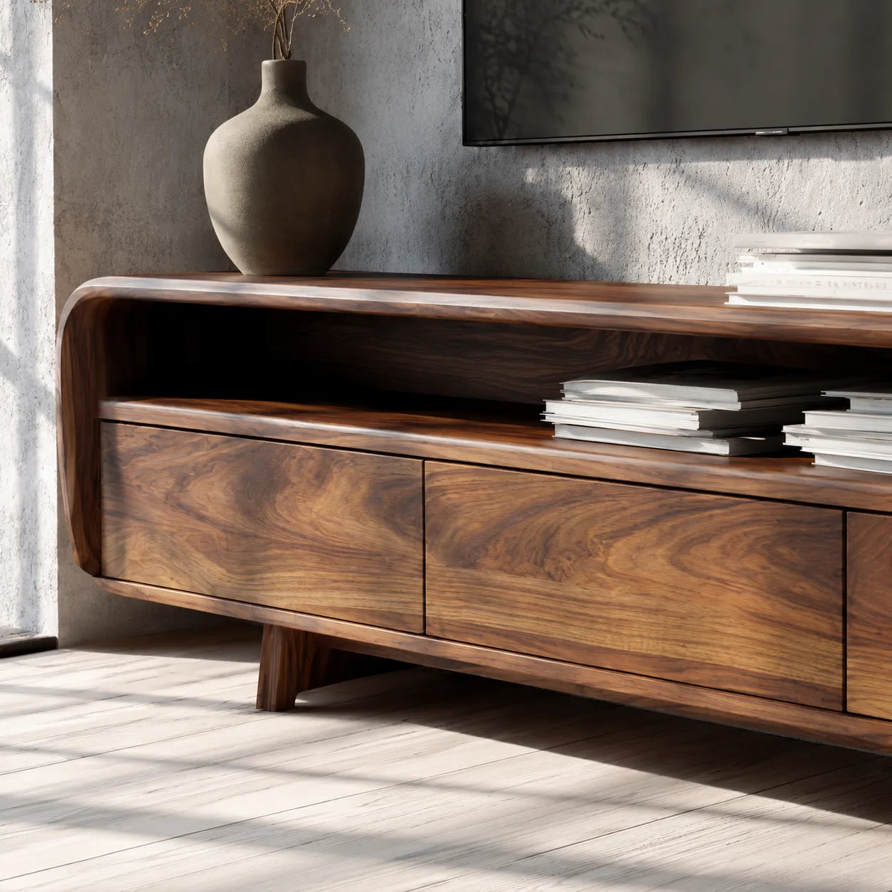 Curved Natural Solid Wood TV Stand with Open Shelf and 3 Drawers