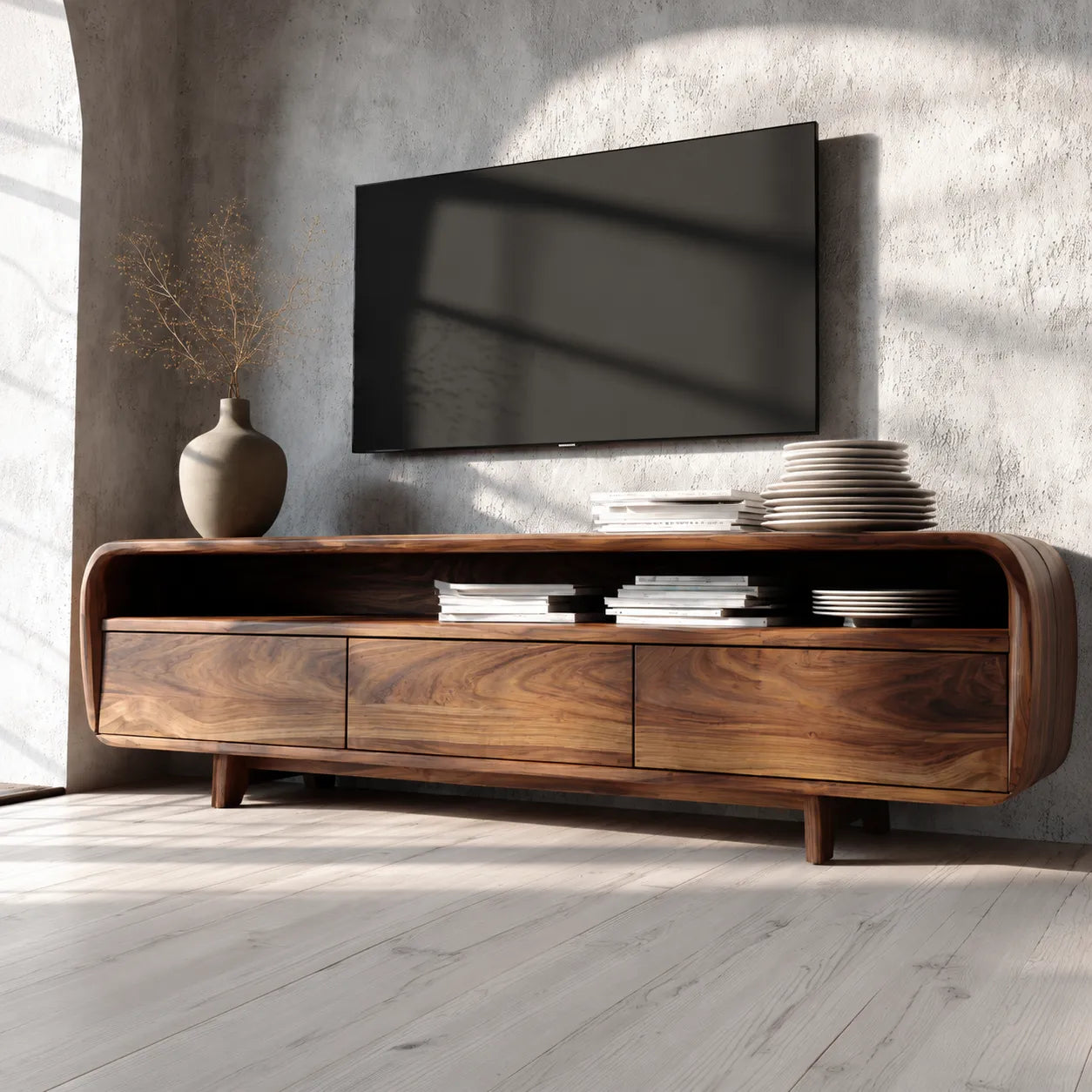 Curved Natural Solid Wood TV Stand with Open Shelf and 3 Drawers