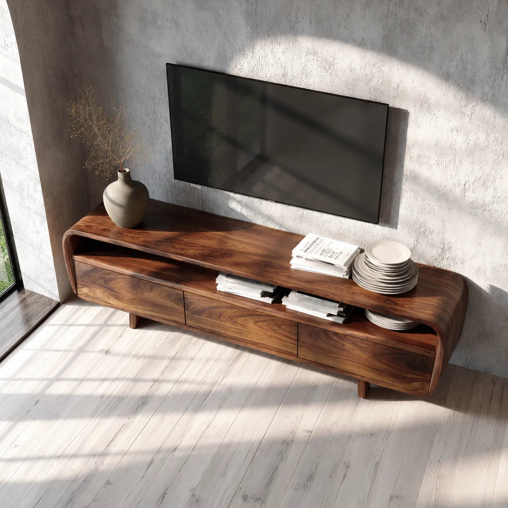 Curved Natural Solid Wood TV Stand with Open Shelf and 3 Drawers