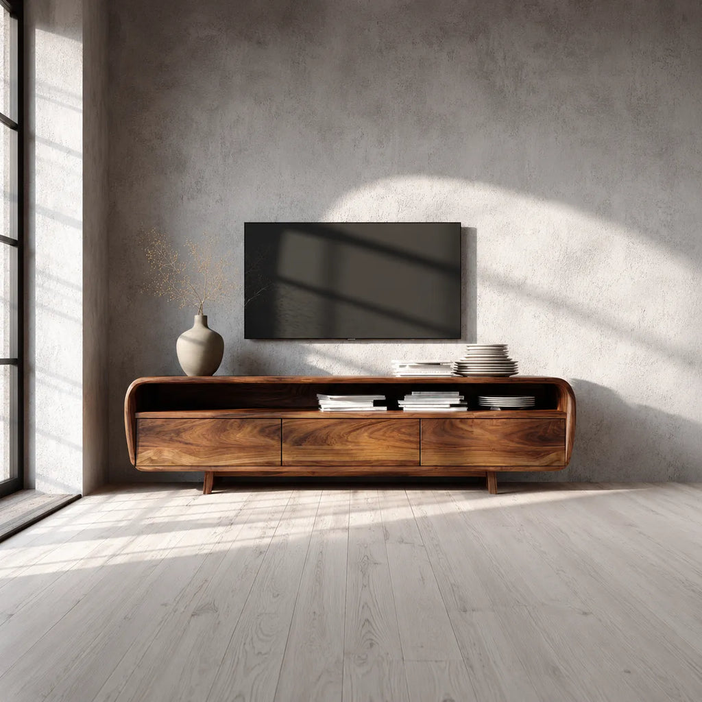 Curved Natural Solid Wood TV Stand with Open Shelf and 3 Drawers