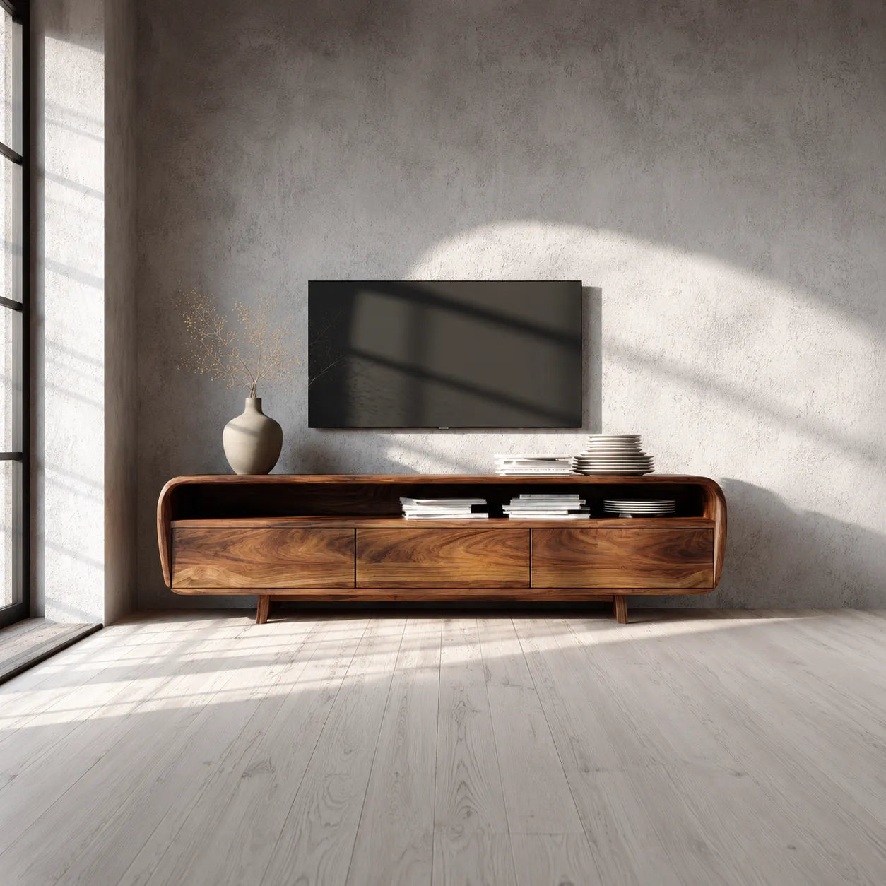 Curved Natural Solid Wood TV Stand with Open Shelf and 3 Drawers