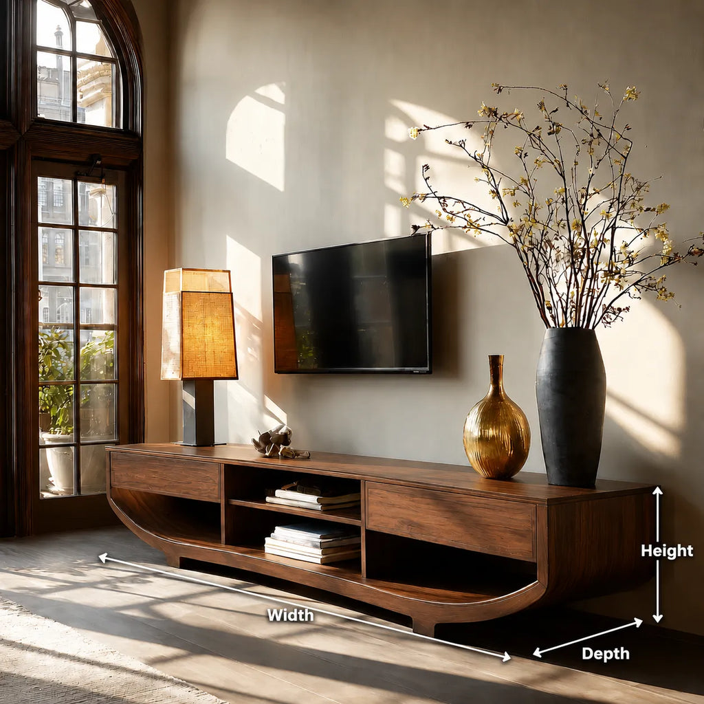 Curved Natural Solid Wood TV Stand with Open Shelves and Dual Drawers
