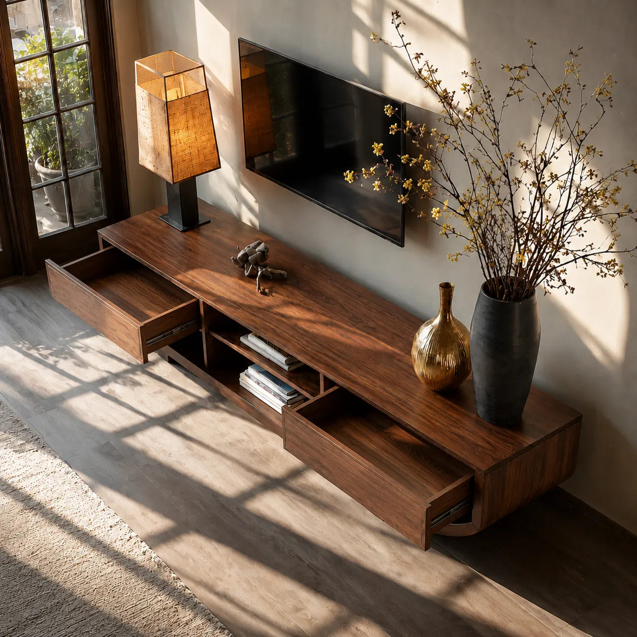 Curved Natural Solid Wood TV Stand with Open Shelves and Dual Drawers