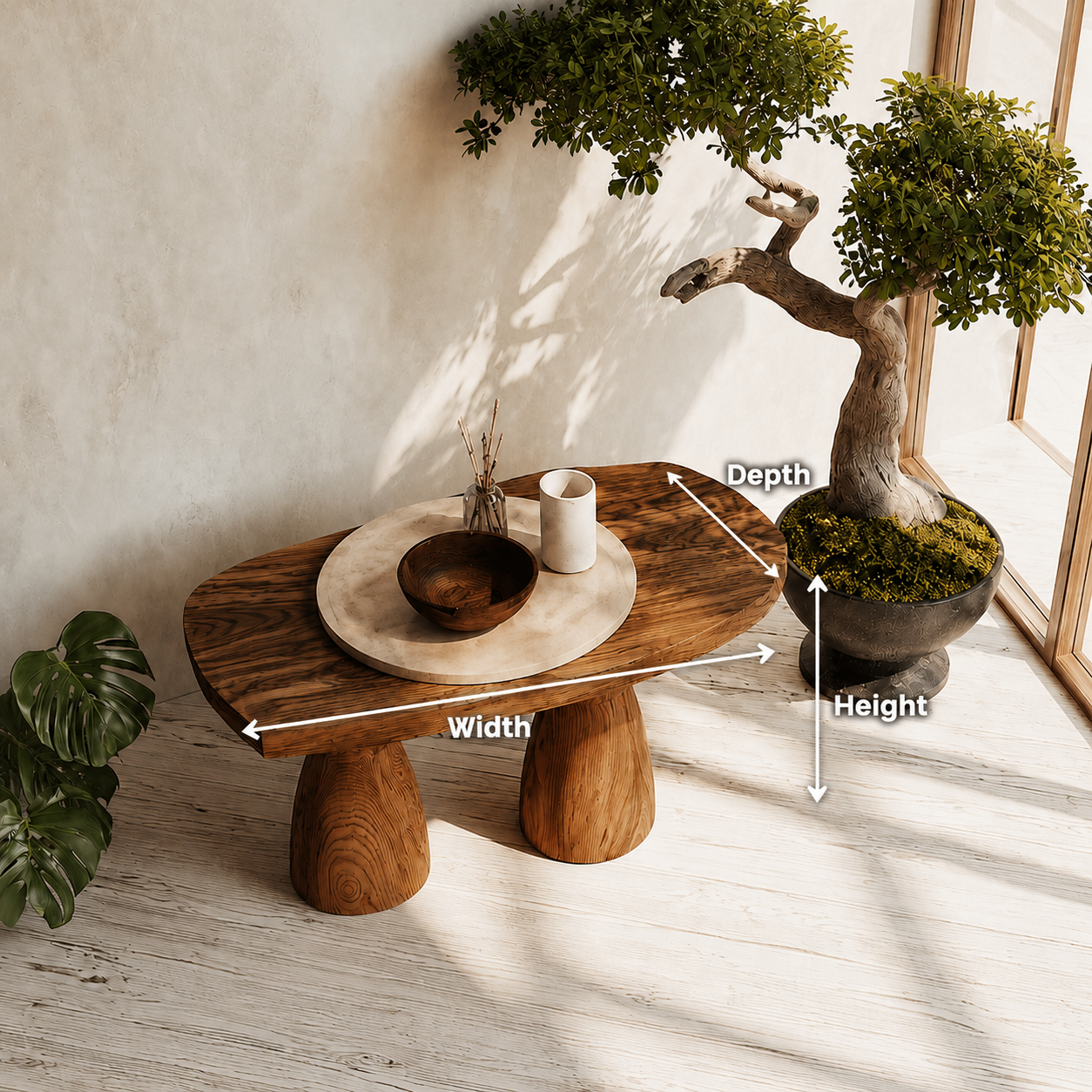 Organic Natural Solid Wood Coffee Table with Sculptural Pedestal Base