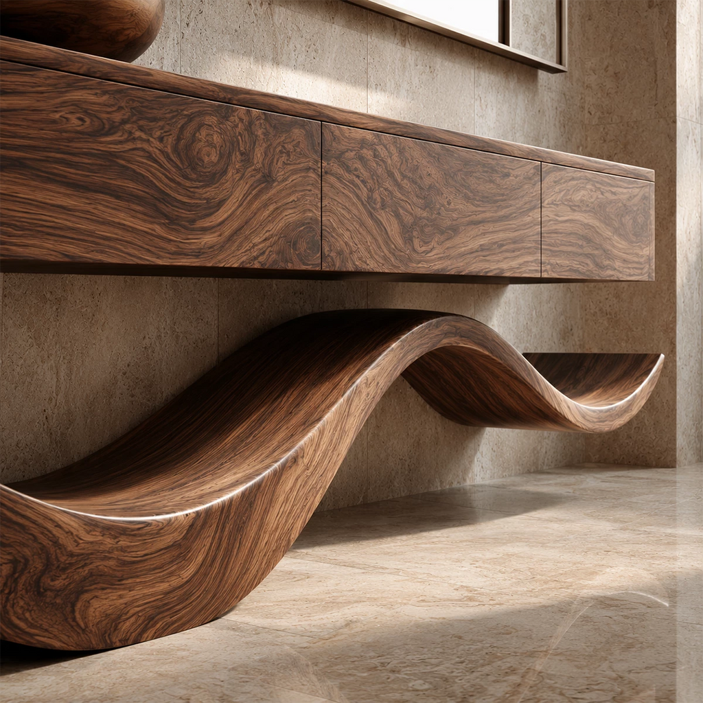 Organic Bathroom Vanity With Sculptural Wave Solid Wood Base