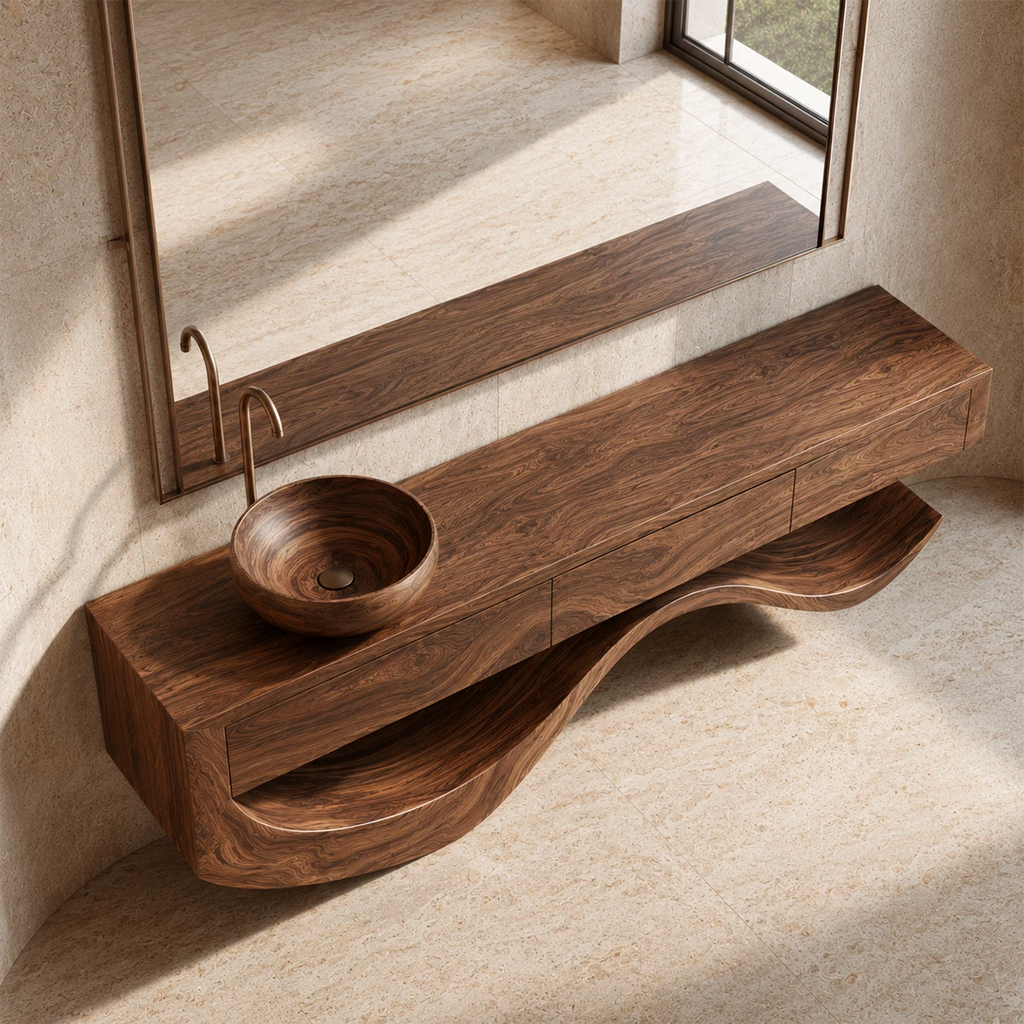 Organic Bathroom Vanity With Sculptural Wave Solid Wood Base